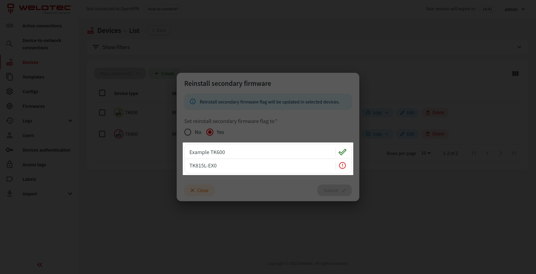 Mass actions dialog feedback